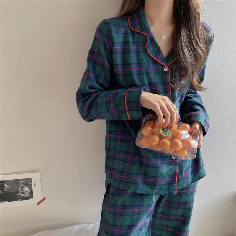 

Women's Pajamas Korean Fashion Green Plaid V-Neck Lapel Couple Pajamas Long-sleeved Cardigan Lovers Casual Spring Home Clothes