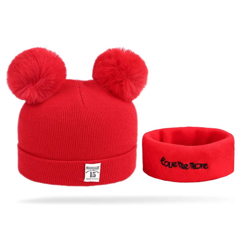 2 Pieces Baby Beanies Cap Set Kid Solid Color Plush Ball Girls Hat And Scarf Winter Warm Caps For Boys Newborn | Детская одежда и