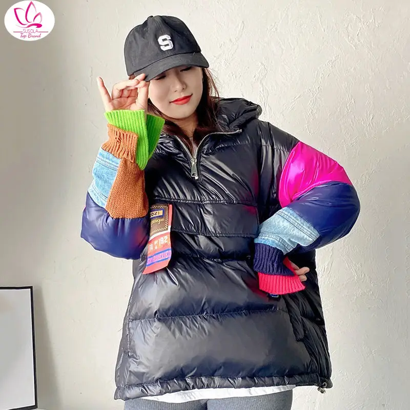 

White Goose Down Women's Winter Jacket Down Jacket Patchwork Down Jacket Female 2021 Denim Cloth Warm In Winter