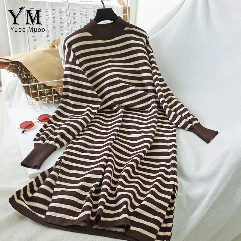 YuooMuoo европейский стиль повседневное Полосатое Женское зимнее платье новинка
