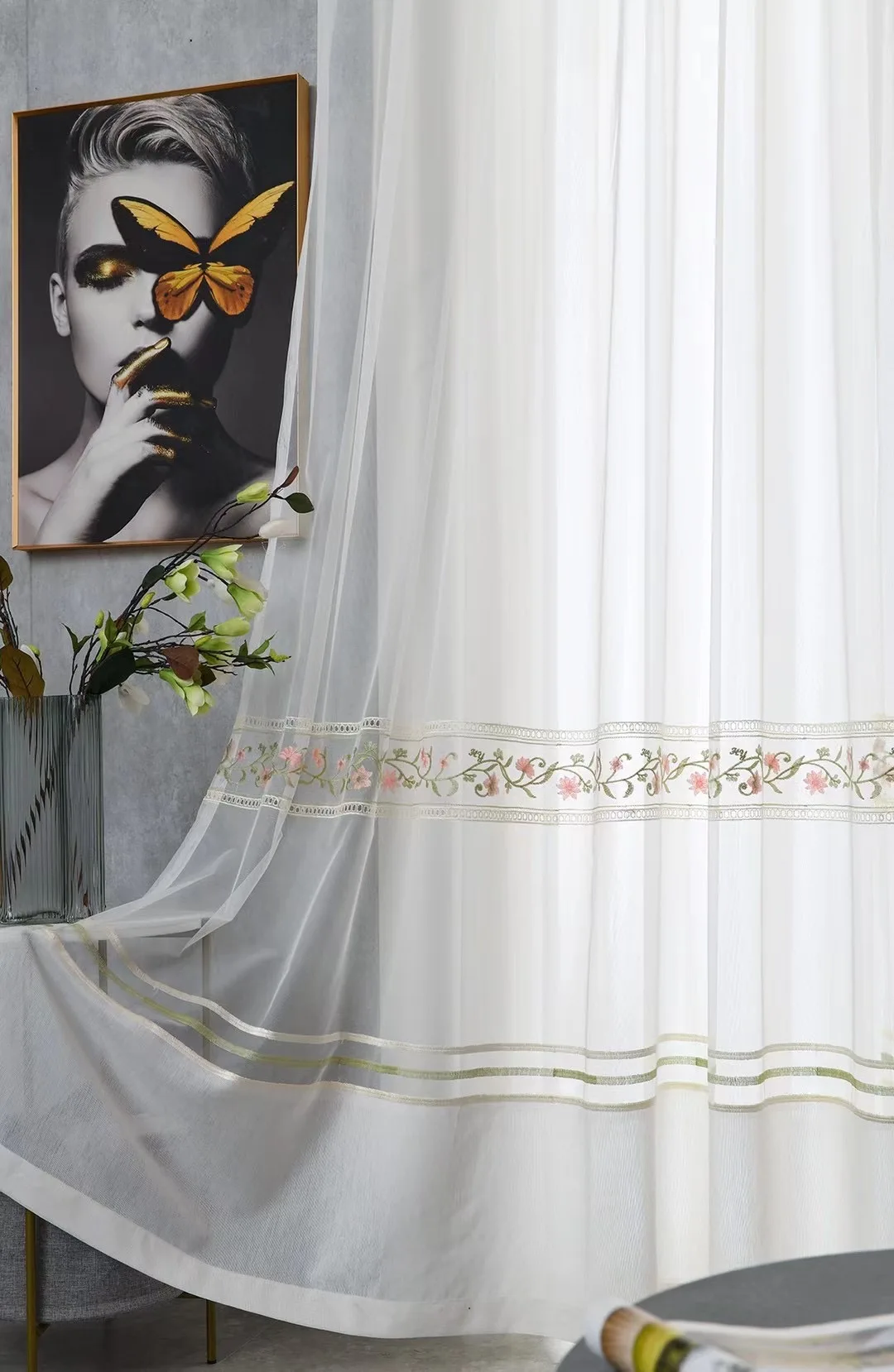 

Modern landscape Painting White Curtain for Living Room Hollow Sheer Voile Drape for Kitchen Balcony Window Blinds