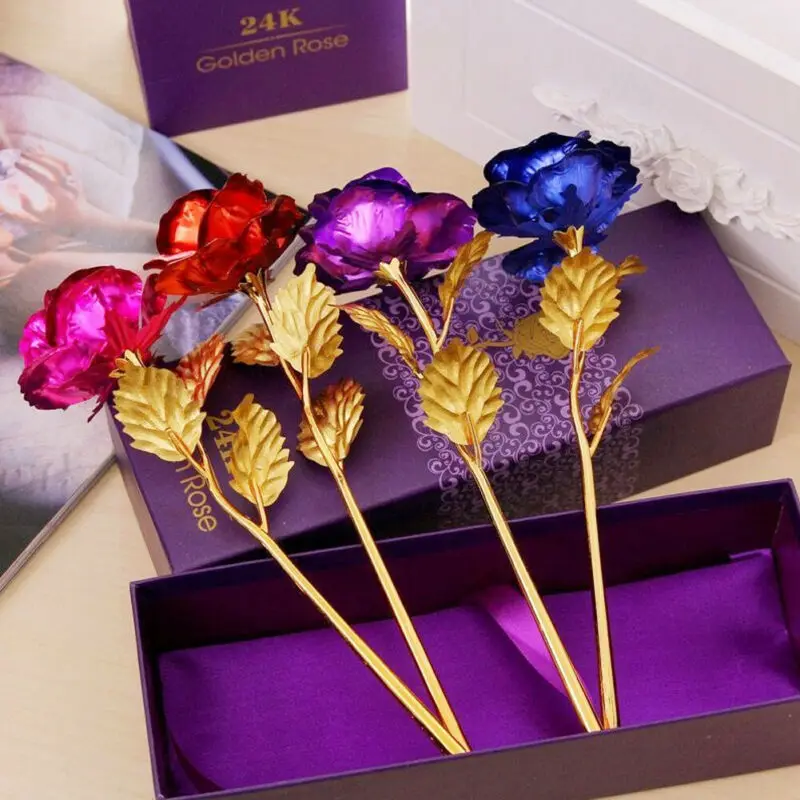 Роза с покрытием из 24-каратного золота в коробке подарок на день Святого