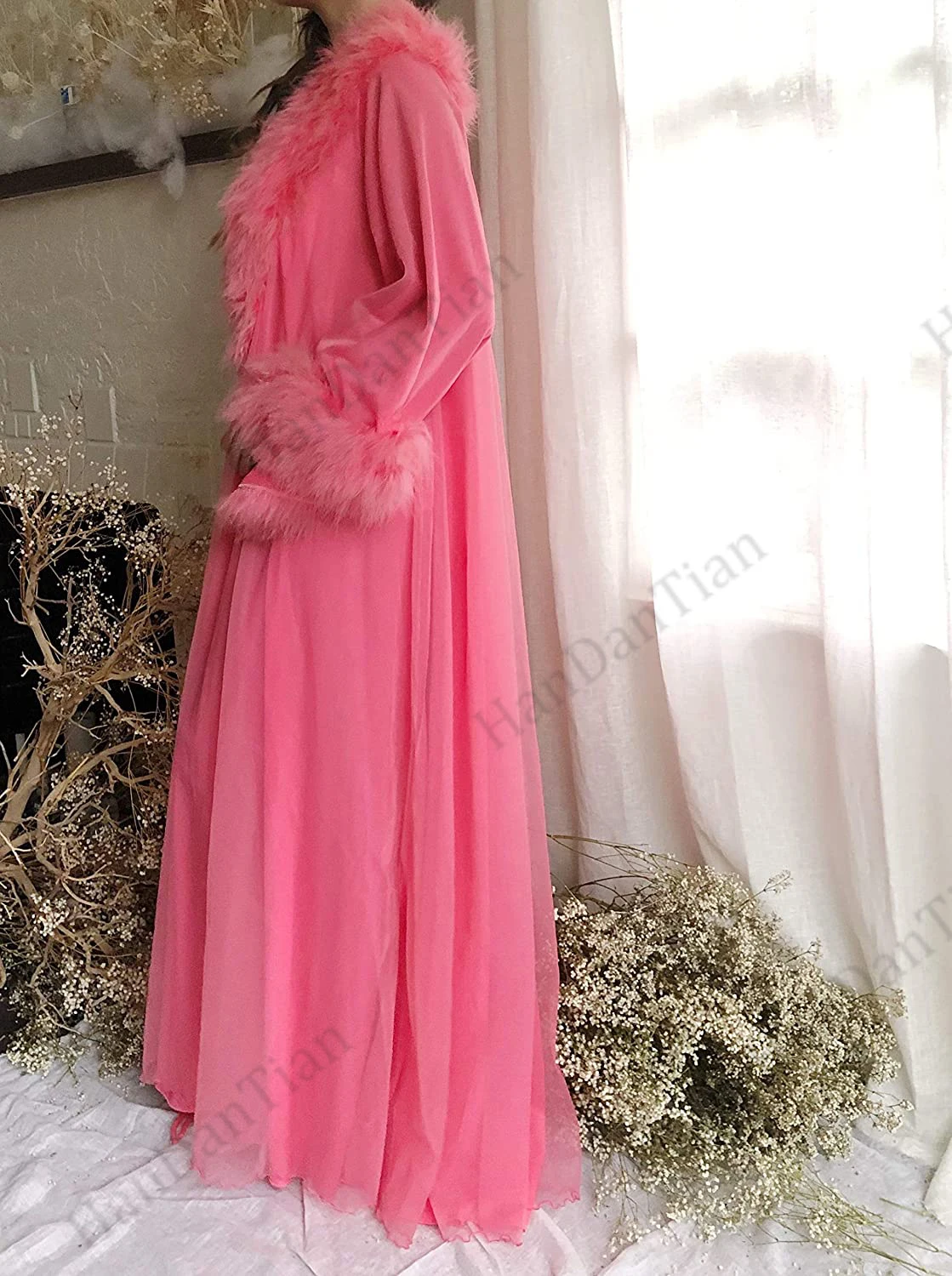 Sexy Feather Robe Illusion Fur Trim Boudoir Robe Nightgown Bathrobe Bridal Lingerie Wedding Scarf images - 6