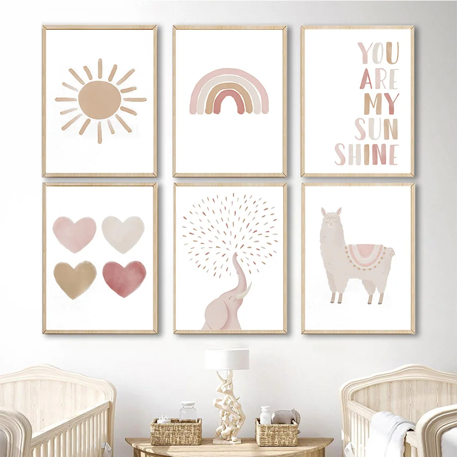 

Sun Rainbow Letters Elephant Llama Love Wall Art Canvas Painting Nordic Posters And Prints Wall Pictures Kids Baby Room Decor