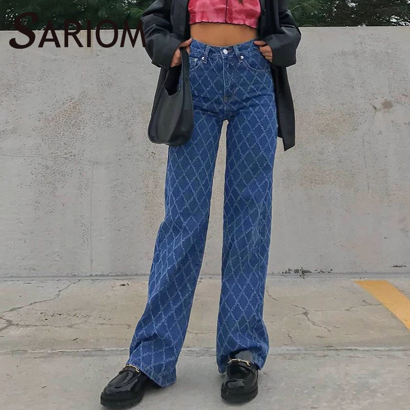 

Argyle Plaid Y2K Ripped Blue Women Jeans Boyfriend High Waist Blue Baggy Straight Leg Pants Capris Vintage Cotton Denim Trousers