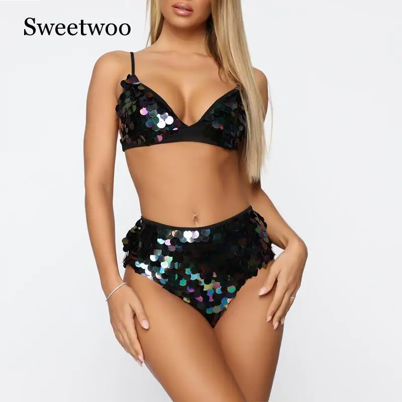 Розовое бикини с блестками 2020 сексуальный купальник высокой талией женский