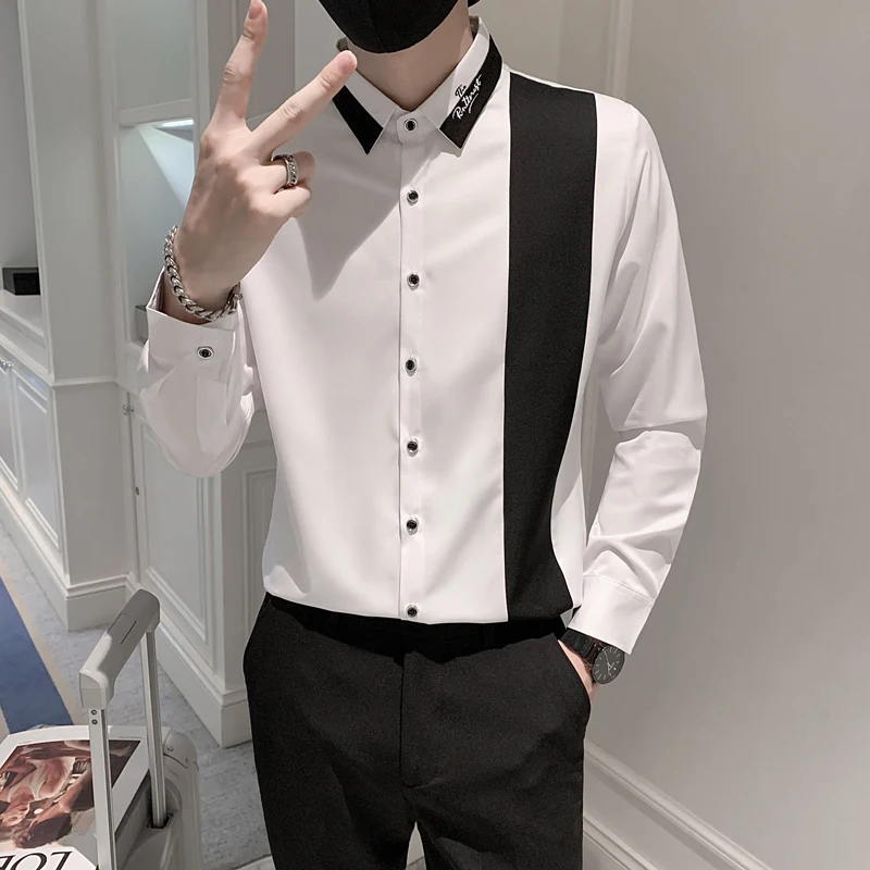High Quality Splicing Men's Shirt Non-iron Slim Long Sleeve Casual Shirt Business Formal Dress Shirts Streetwear Social Blouse