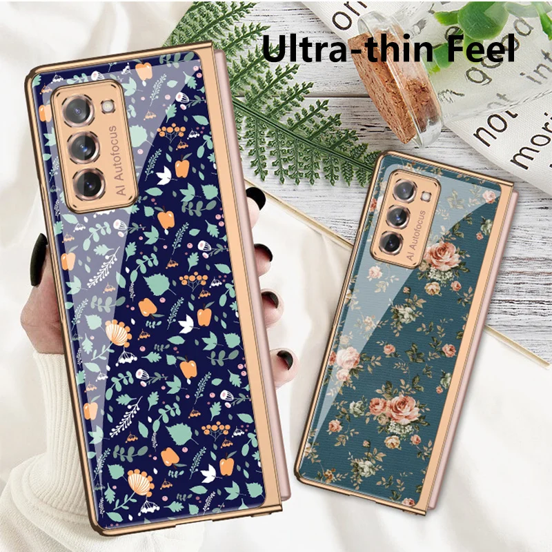 

Romantic Glass Hard Phone Shell For Samsung Galaxy Z Fold 2 Case Fashion Scattered Flowers Pattern Shockproof Protective Funda