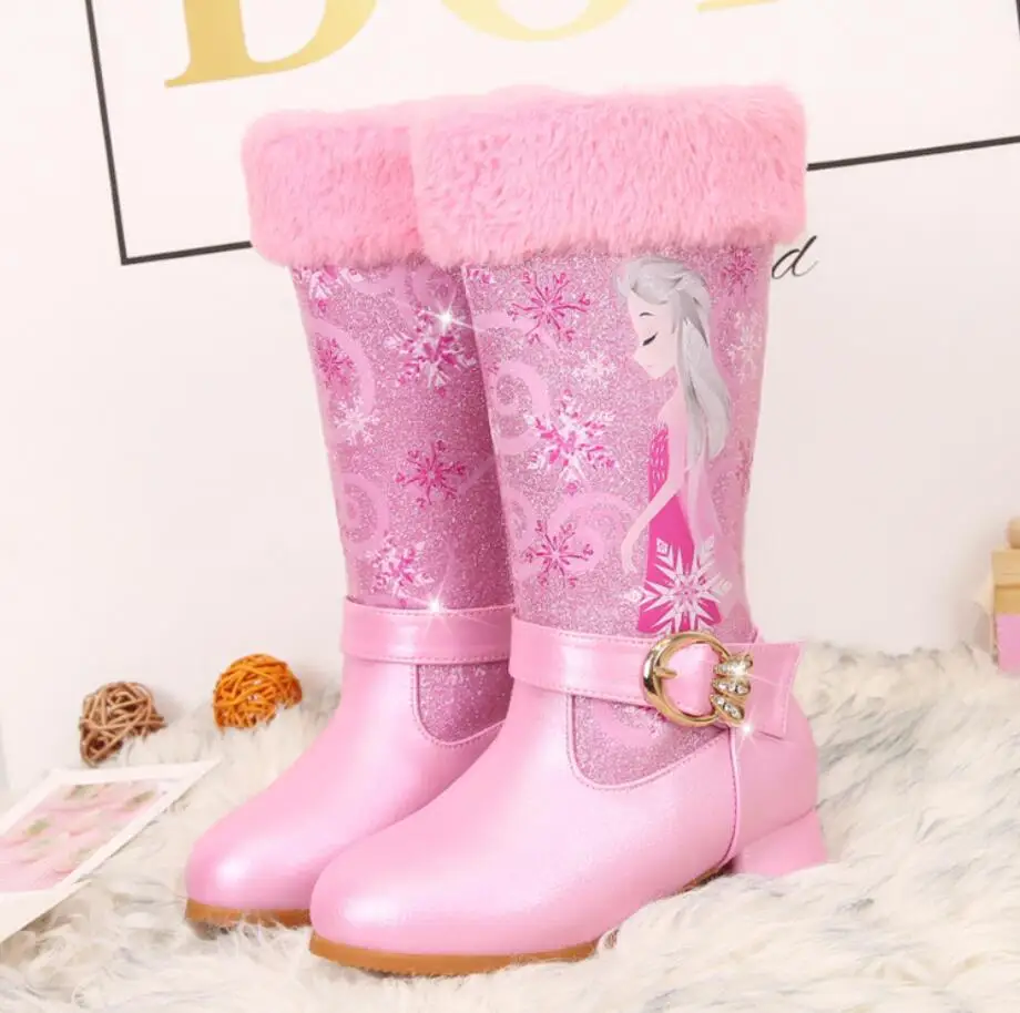 Kids shoes Children Princess Cartoon Boots Leather Bling Fashion New girls Genuine Wool Warming Winter Knee Long |