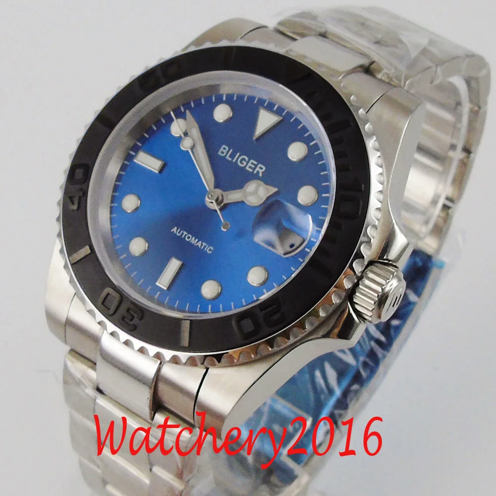 BLIGER 40mm blue dial luminous hands Sapphire Glass full stainless steel NH35 automatic movement Men s Watch