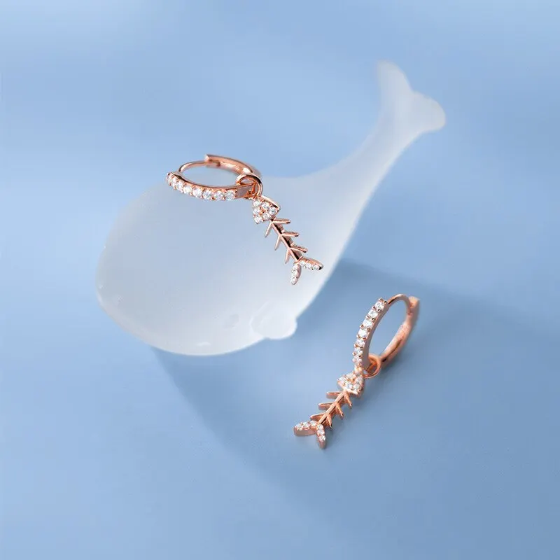 

A00913 925 Sterling Silver Creative Luxury Fish Bone Pendant Drop Earrings for Women Summer Ocean Charming Fashion Jewelry