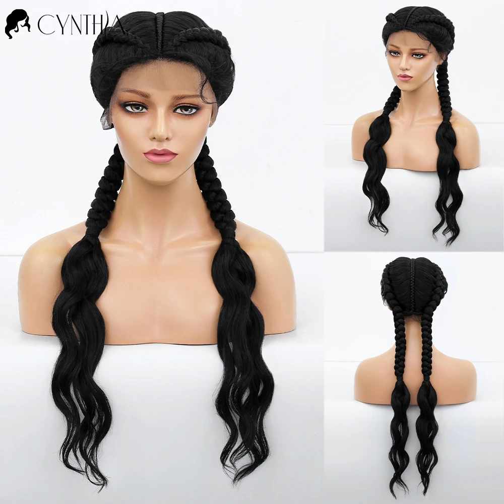 

Braided Lace Front Wig Synthetic Wigs For Women 1T27 Black 36 Inch Long Dutch Twins Braids with Baby Hair 360 Lace Frontal