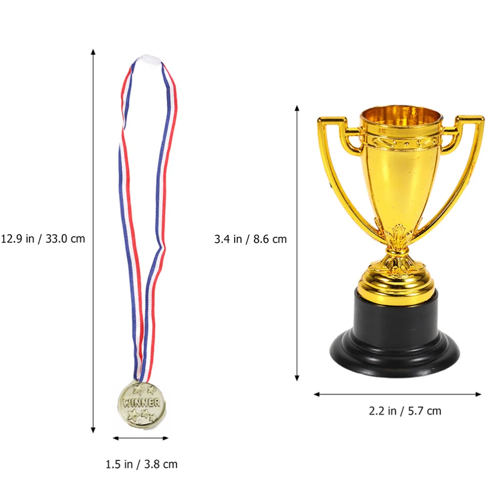 

12pcs Mini Gold Cups Trophy and Award Medals Prizes Small Medals Gift Awards Trophy Toys for Students Sport(6pcs Trophie