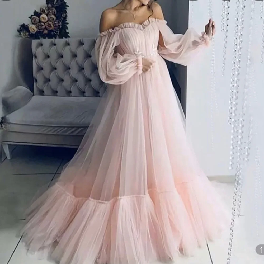 

New Custom Girls Pageant Prom Party Gown Free Shipping Sweetheart Evening Dresses A Line Long Sleeve Off-Shoulder Tulle