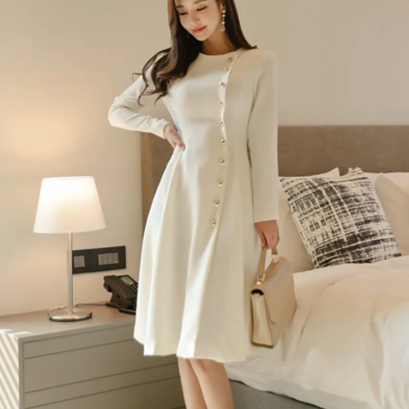 Женское офисное платье миди Элегантное Белое Облегающее с длинным рукавом