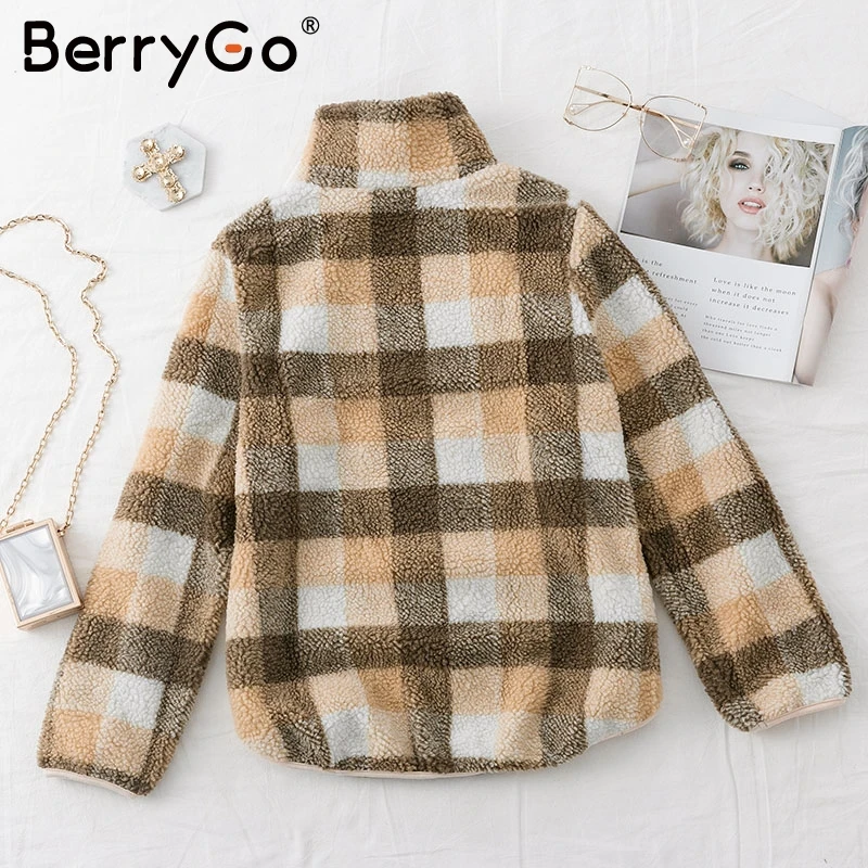 Женская водолазка BerryGo клетчатая кофта на молнии с длинным рукавом Повседневная