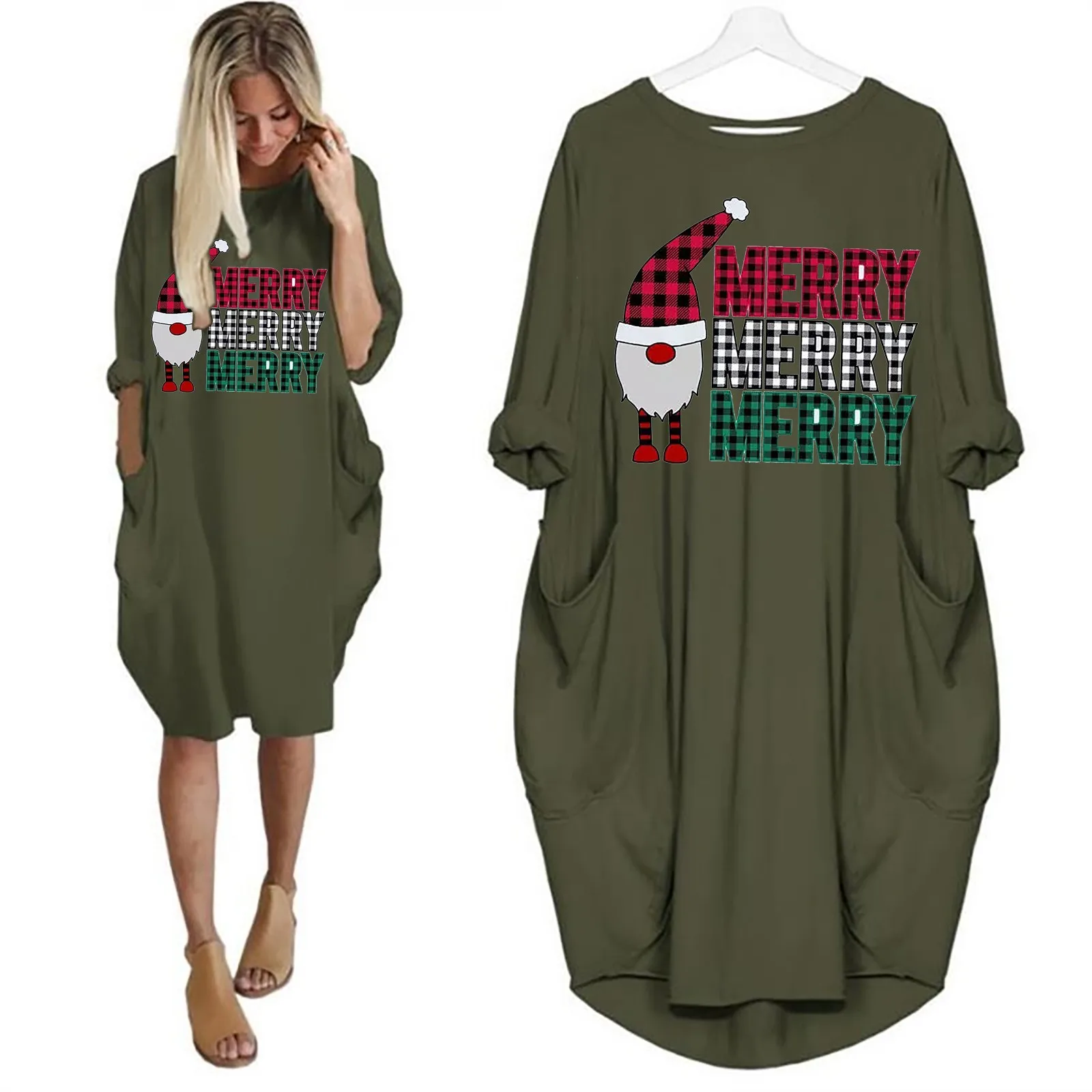 

Women Christmas Dress Autumn/winter Long Skirt Casual Pocket Long Skirt Long Sleeve Cute Printed Dress In Stock #H