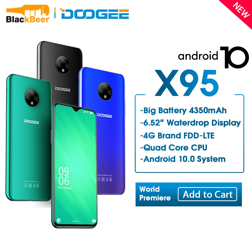 

DOOGEE X95 6.52 Inch Mobilephone Quad Android 10 4G LTE 2GB RAM 16GB ROM Smartphone MTK6737 4350mAh Cellphone Triple Camera