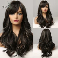 alan eaton long water wave synthetic wigs with side bangs mixed black brown honey golden highlight wigs for women heat resistant