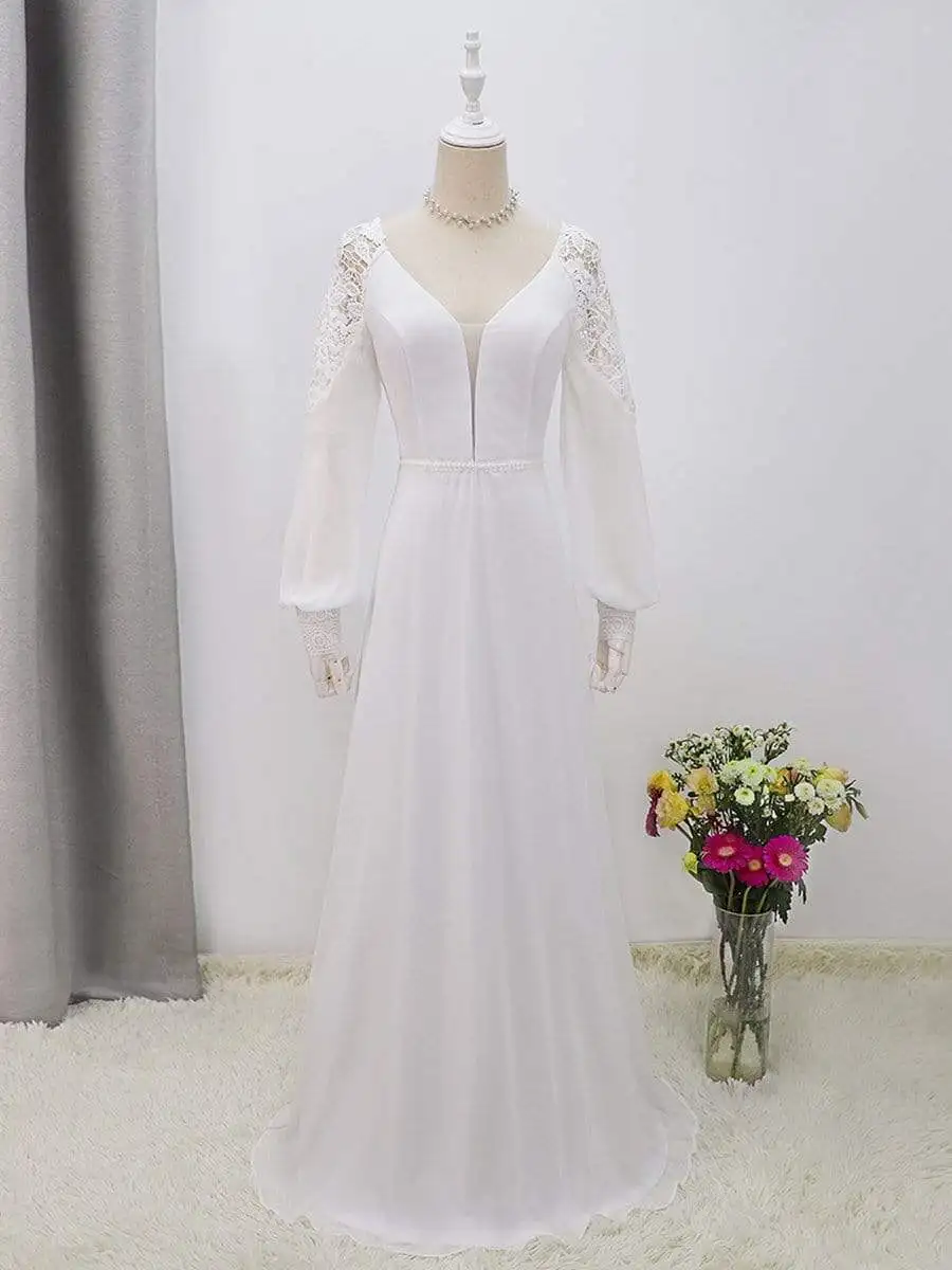 

BAZIIINGAAA Simple White Wedding Dress Chiffon Lace Dresses Boho A-Line V-Neck Long Sleeve Robe Brides Gown