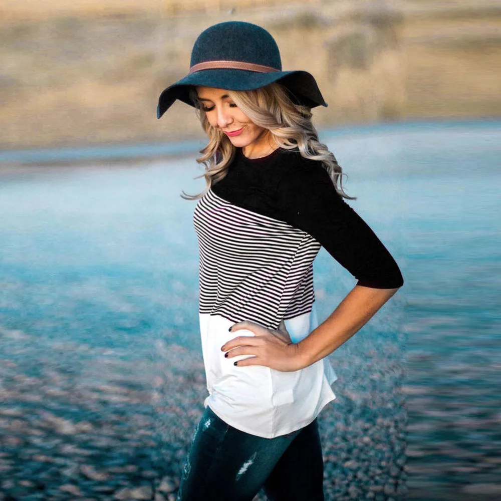 В полоску Женская блузка пэчворк платье с длинным рукавом рубашка Повседневная