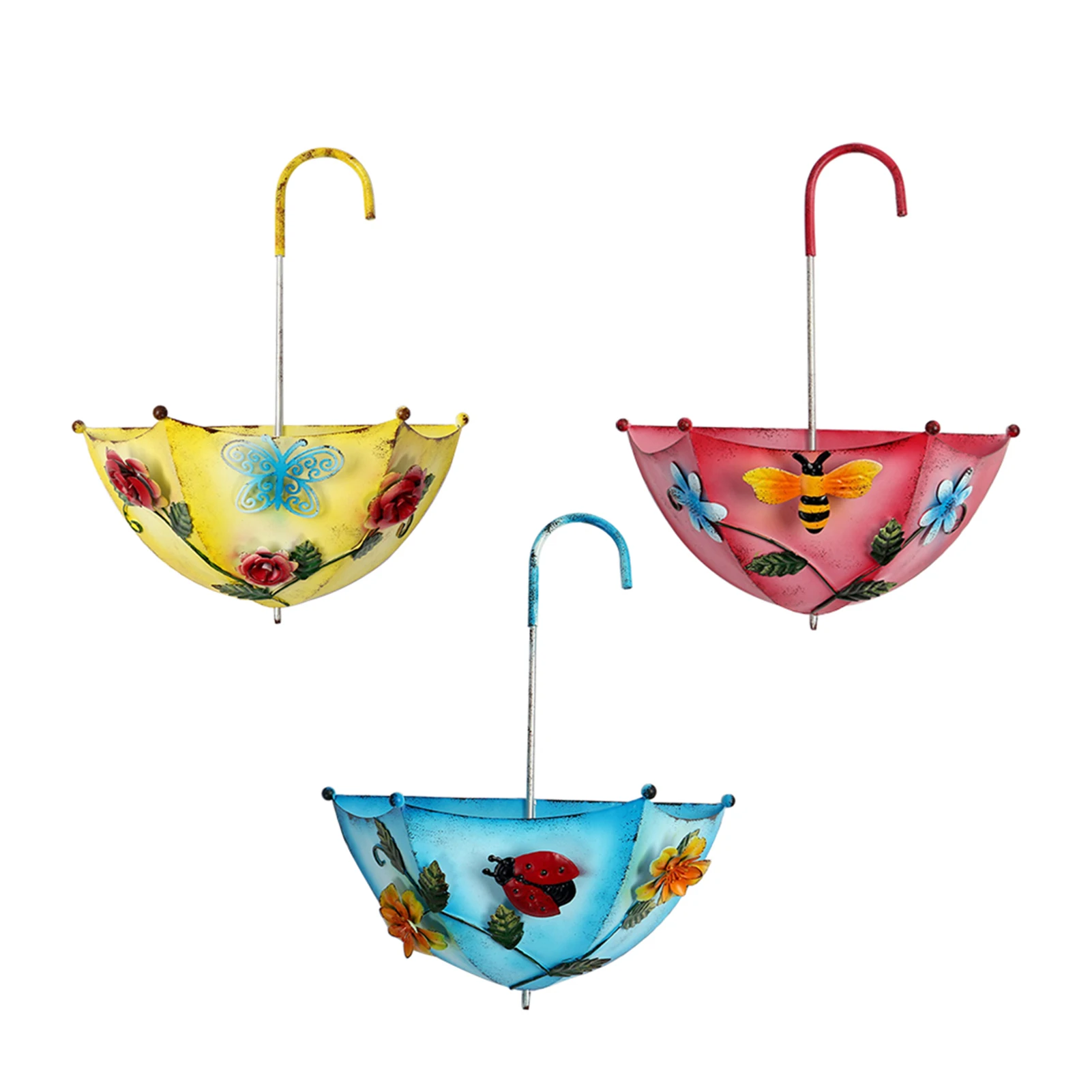 

3pcs Yard Patio Plant Holder Umbrella Shape Flower Basket Bedroom Garden Porch Living Room Hanging Planter Wall Mounted Iron Art