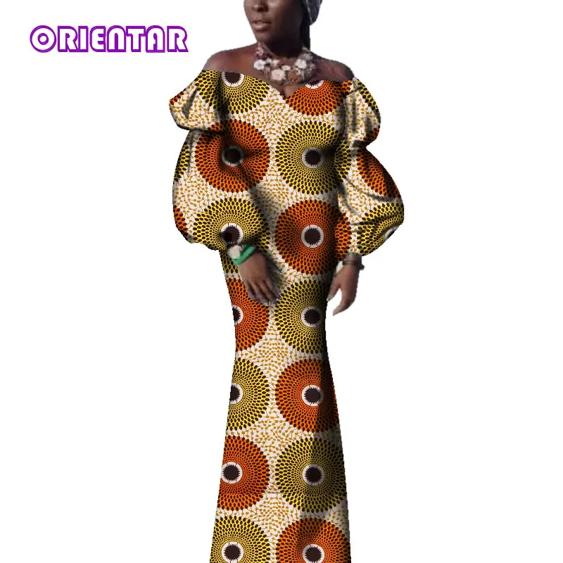 Bazin Riche African Dresses for Women Off Shoulder Puff Sleeve Ankara Dress African Wax Print Long Party Evening Dress WY3715