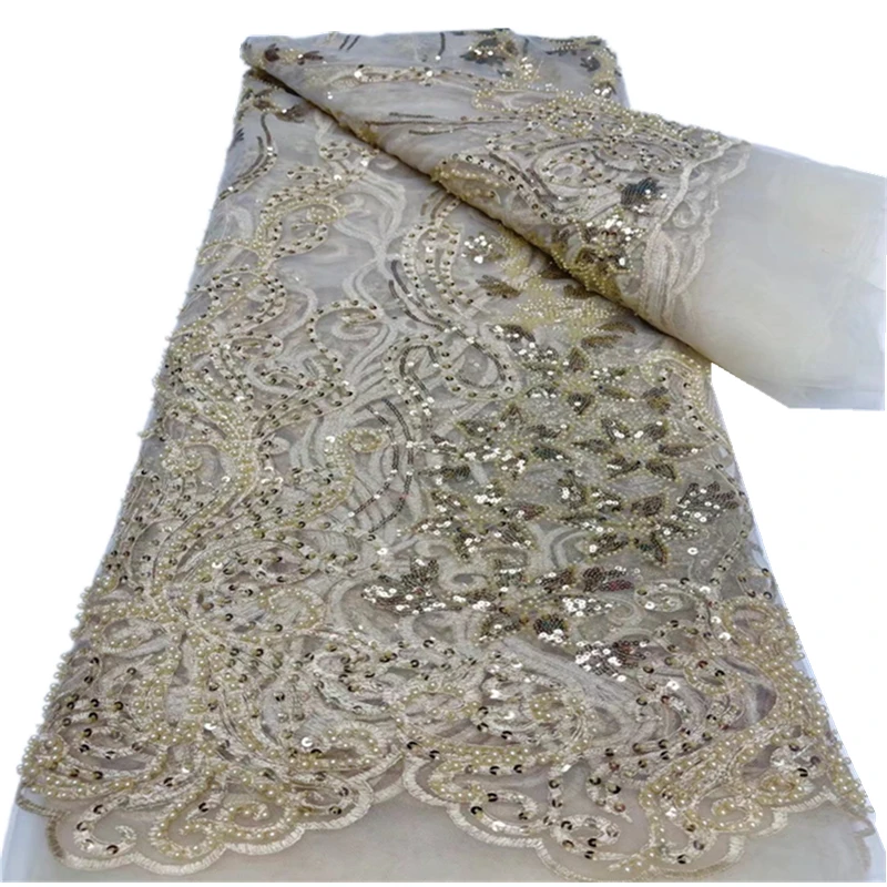 

New High quality African tulle lace French net lace fabric with Sequins and beads for party dress JY-330