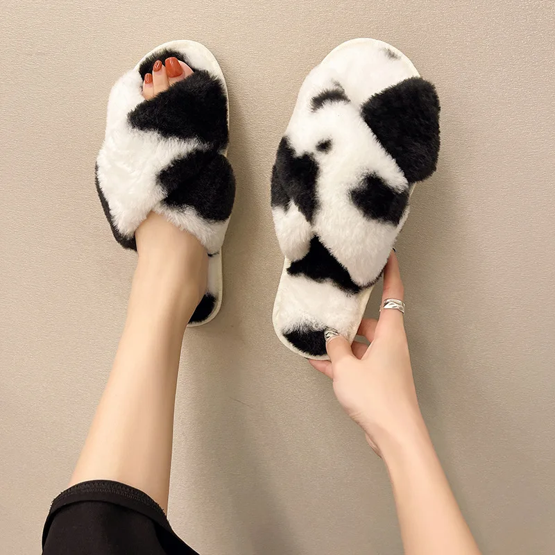 2021AutumnAnd Winter New Cow Pattern CrossPlushSlippers Female Flat-bottomedHousehold PlushCottonNon-SlipWear-Resistant Slippers