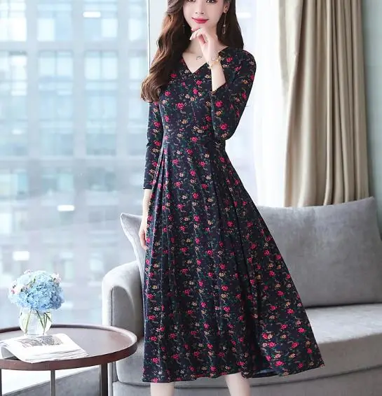 Осень Зима XXXL плюс размер черные полосатые миди платья корейские женские