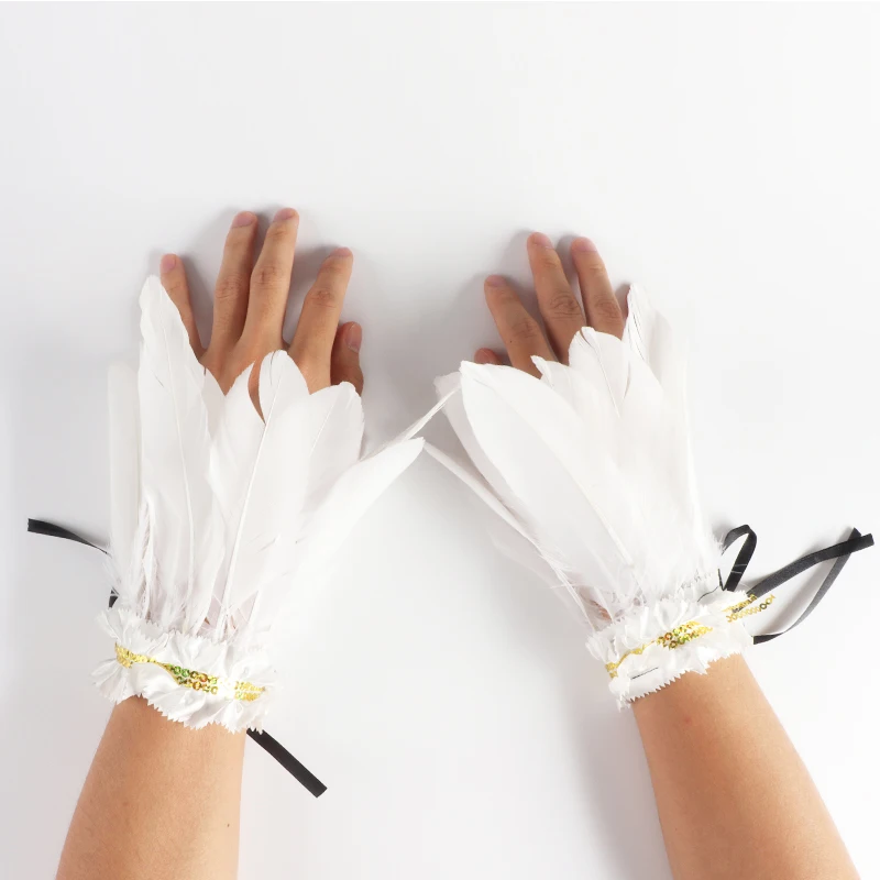 

2pcs White Gothic Feather Wrist Cuffs With Sequin Punk Real Natural Dyed Rooster Feather Arm Warmer Party Cosplay Feather Gloves