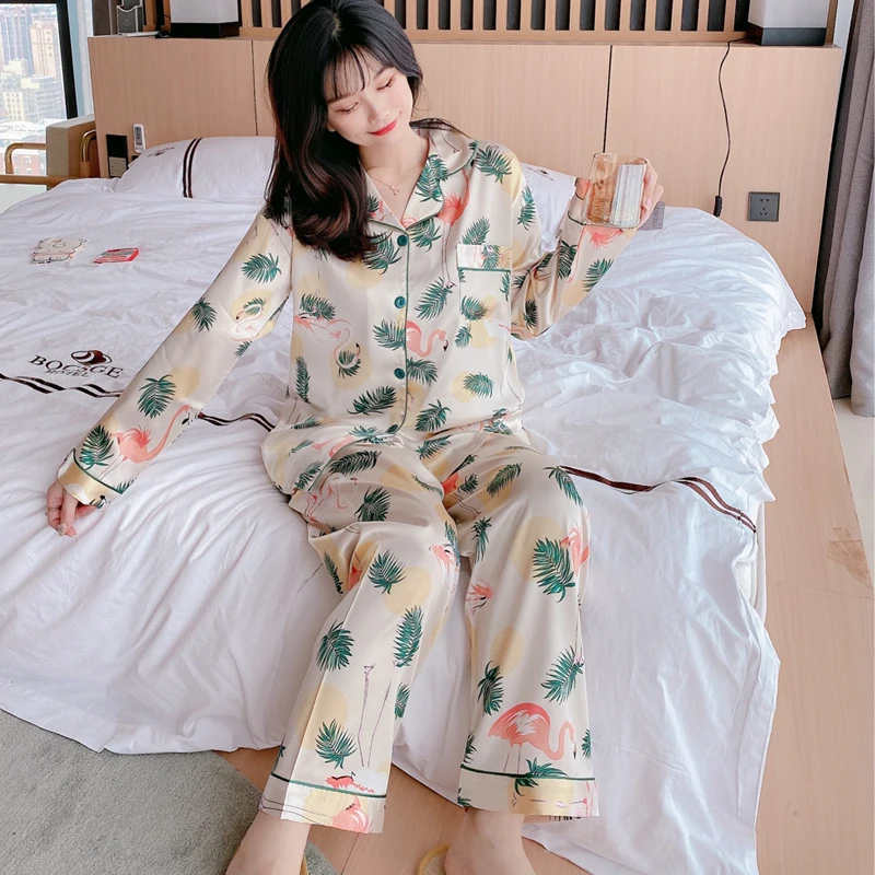 

Sleeve Pijama Nightwear V-Neck Sleepwear Long Thin HomewearPyjama MujerAutumn Winter Pajamas Sets For Women