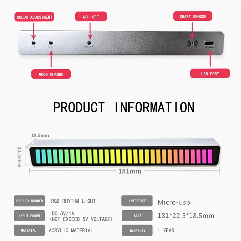 

USB Energy-Saving Lamp Ambient Light Sound Control Pickup Rhythm Light Music Atmosphere Light RGB Colorful Tube Light LED Strip