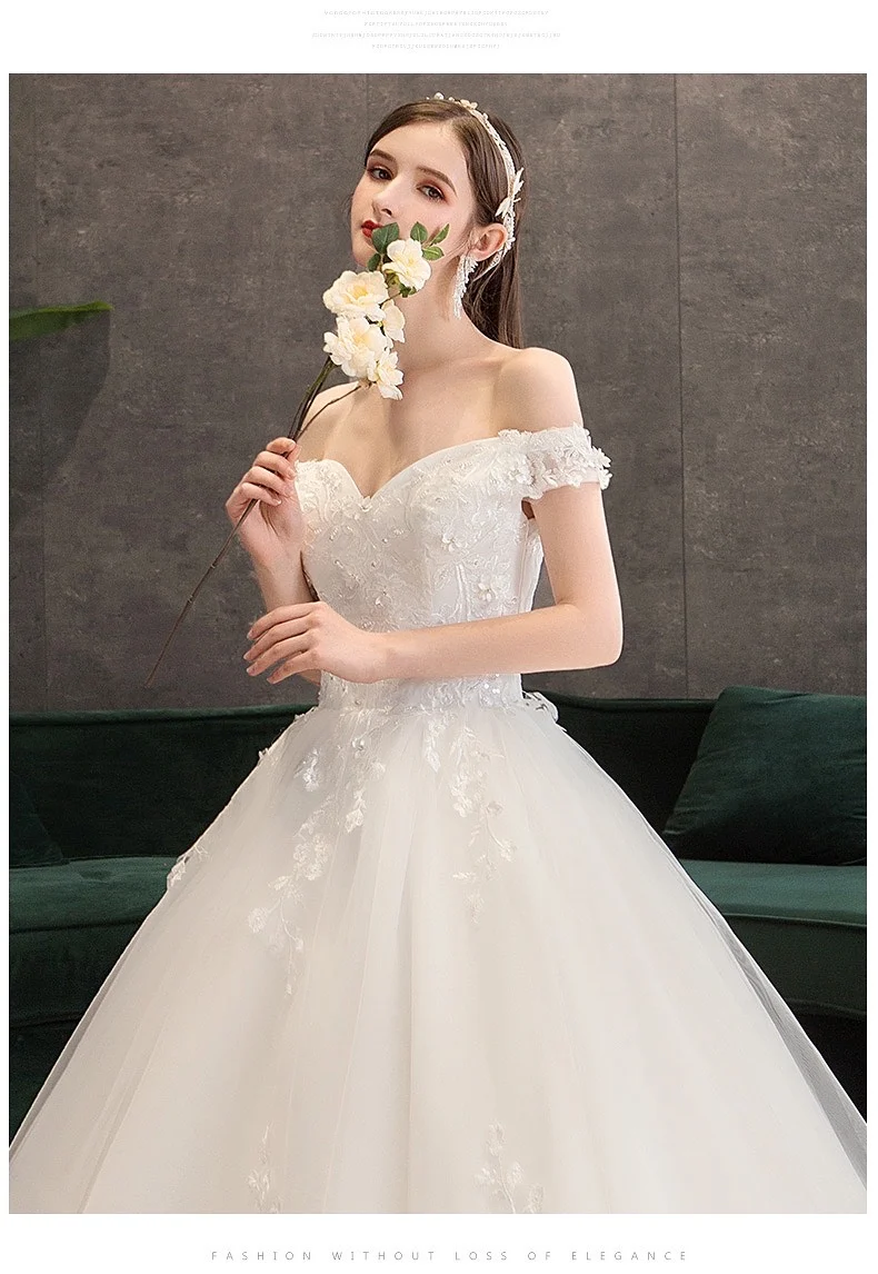 

New Princess Wedding Dress Off Shoulder Saudi Arabia Elegant Luxury Lace Applique Beaded Boat Neck Bohemia Ball Gown Bride Dress