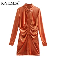kpytomoa women 2021 chic fashion pleated velvet mini dress vintage long sleeve button up female dresses vestidos mujer