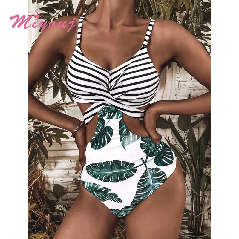 

String Swimsuit Leaf Plant Print Women'S Swimwear Hollow Out Bodysuit Sexy One Piece Suits 2021 Halter Bathing Suit Beachwear