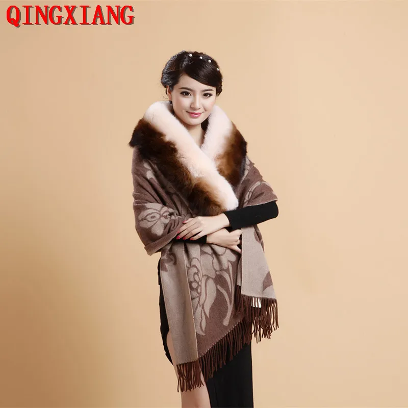 

2019 Custom Made Plus Long Fashion Real Fox Fur Neck Shawl Thicken Warm Tassel Jacquard Wrap Winter Cloak Wool Cashmere Cardigan