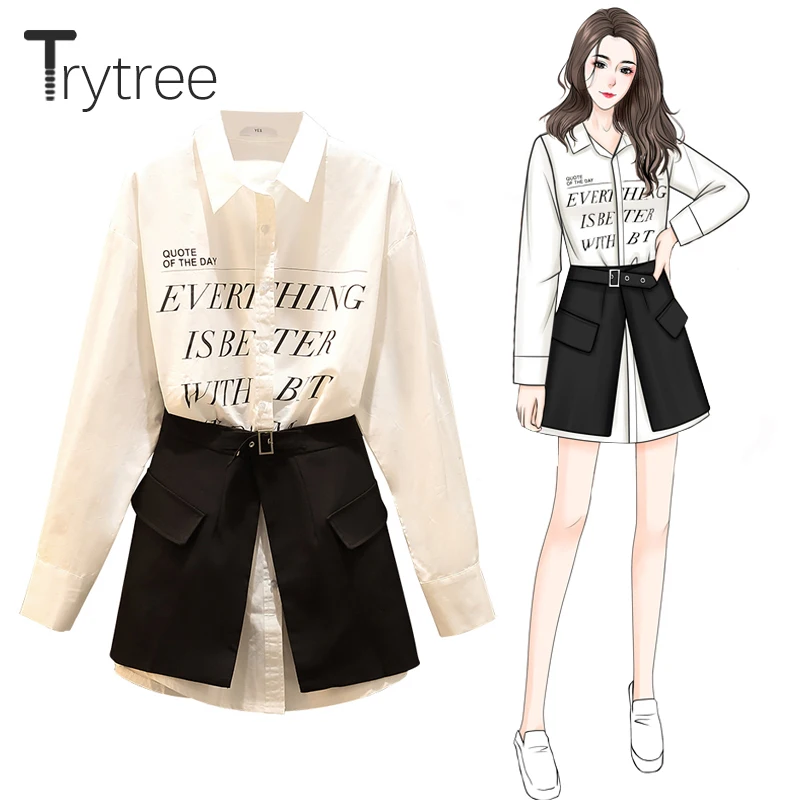 

Trytree 2021 Spring Summer Two piece set Casual Letters Single Breasted White Shirt + Belt Pockets Skirt Office Lady 2 Piece Set