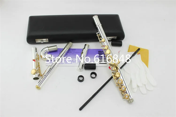 

Hot Silver Plated Flute FL-372 Small Elbow Curved Head the 16 key Holes Open C Flute Silver body gold keys instrument flauta