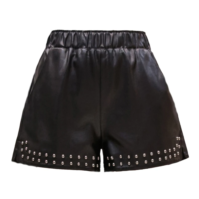 Женские шорты из ПУ кожи с заклепками и эластичным поясом|shorts short|leather shortspu leather
