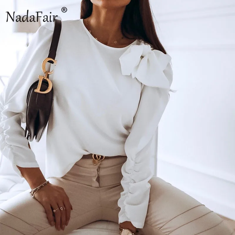 Nadafair лук женская белая блузка Мода 2020 Весна шифоновая рубашка с длинным рукавом