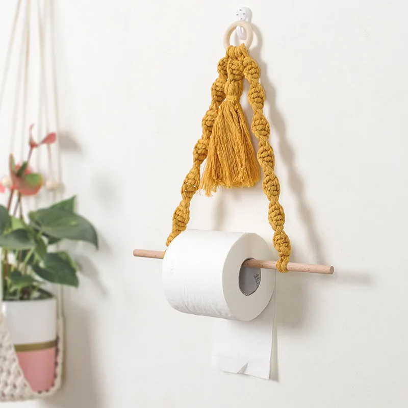 

2 Pcs Wooden Towel Rack,Hanging Toilet Paper Holder with Macrame Rope Tapestry,for Home/Hotel/Bathroom Decoration