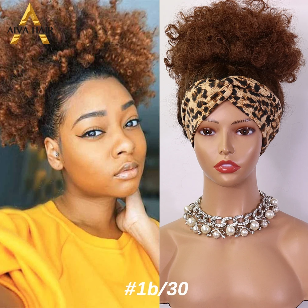 

Blonde Synthetic Short Wig Afro Kinky Curly High Ponytail Puff Wig With Headband Aiva Cosplay Synthetic Wigs For Black Women