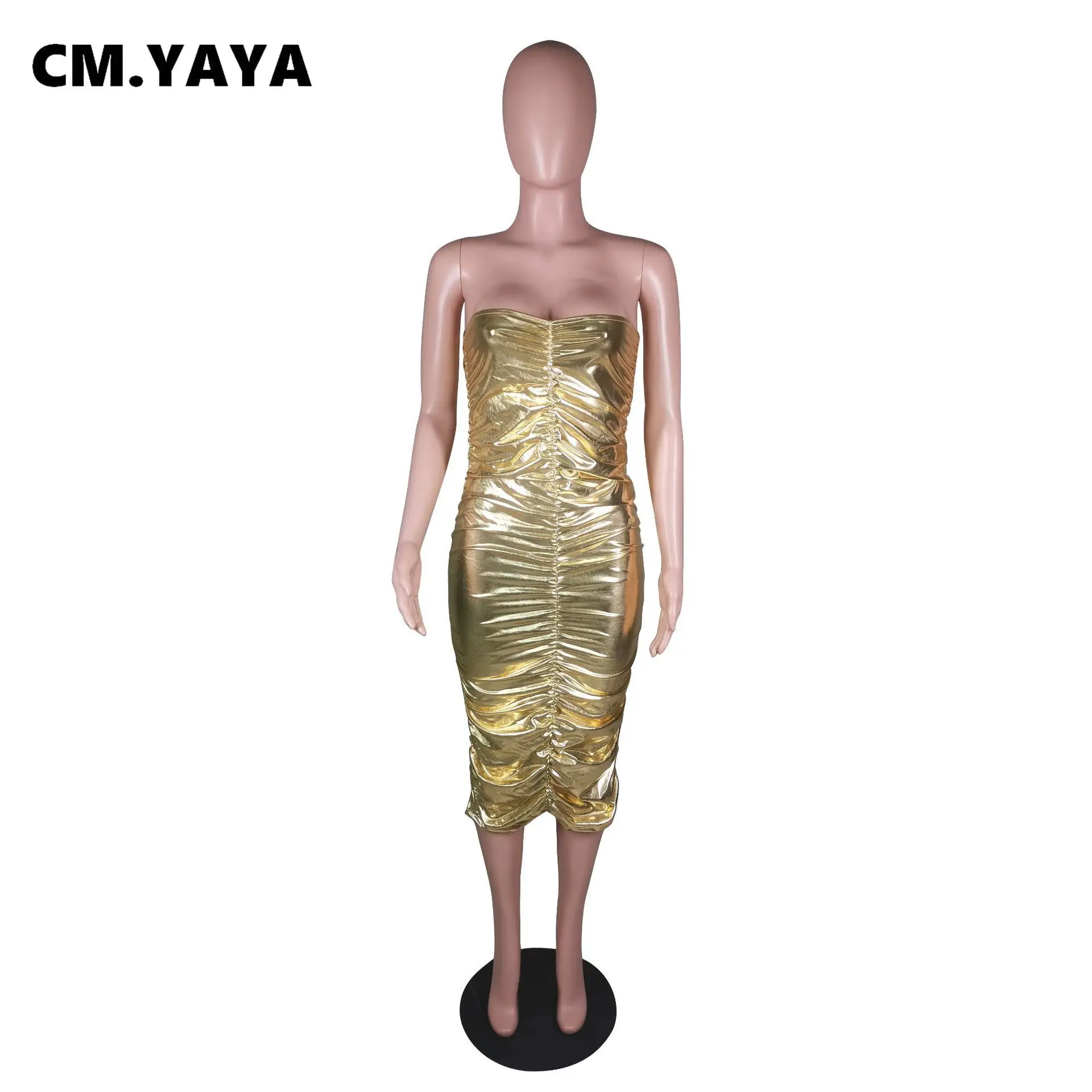 Яркое золотистое платье миди CM.YAYA без бретелек с рюшами для сексуальных клубных
