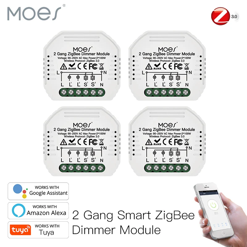 Moes Mini DIY Tuya ZigBee Smart 2/Gang Light Dimmer Switch Module Hub Required Smart Life Alexa Google Home Voice Control