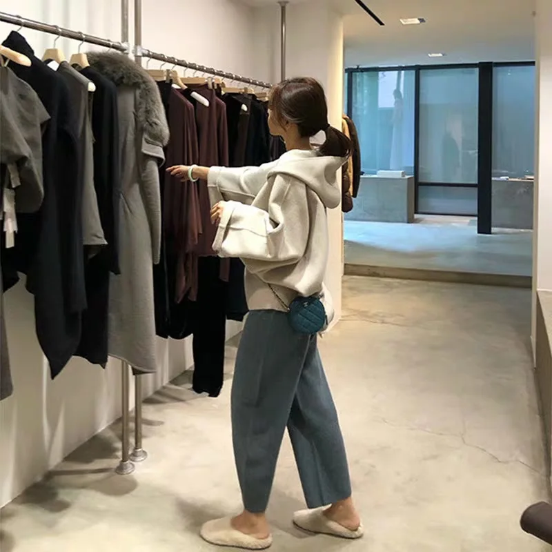 Nuevo traje de dos piezas de gran tamaño las mujeres trajes conjunto de pantalones de pierna ancha sudaderas con capucha Sudadera Mujer abrigo de lana de otoño jersey de Harajuku de lana