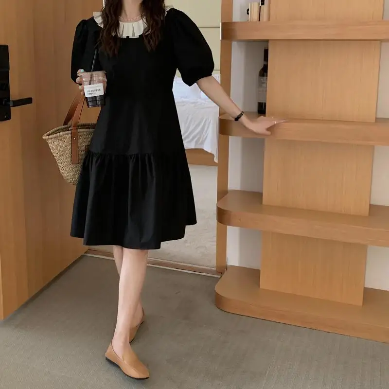 

COIGARSAM French Style Loose Women Long dress New Vintage Panelled Dresses Black 9793