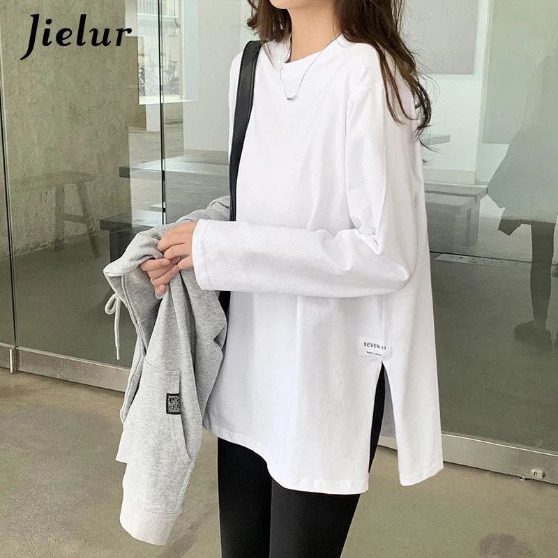 

Jielur Autumn White Black Tops Women Korean Appliques Split Cotton T-shirt Female Long Sleeve Casual Loose Basic Shirt S-XL