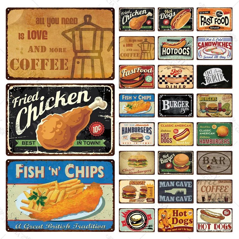 

Fast Food Tin Sign Vintage Metal Sign Plaque Metal Vintage Hot Dog Wall Decor for Kitchen Cafe Diner Bar Metal Signs(20X30Cm)