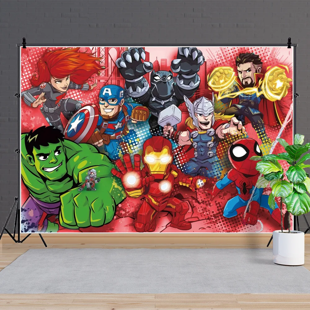 Fondo de cumplea&ntilde;os de Los Vengadores para ni&ntilde;os, tel&oacute;n de fondo de tela de superh&eacute;roes para beb&eacute;s, decoraciones de fiesta, fotograf&iacute;a personalizada, p&oacute;ster, fotos-4